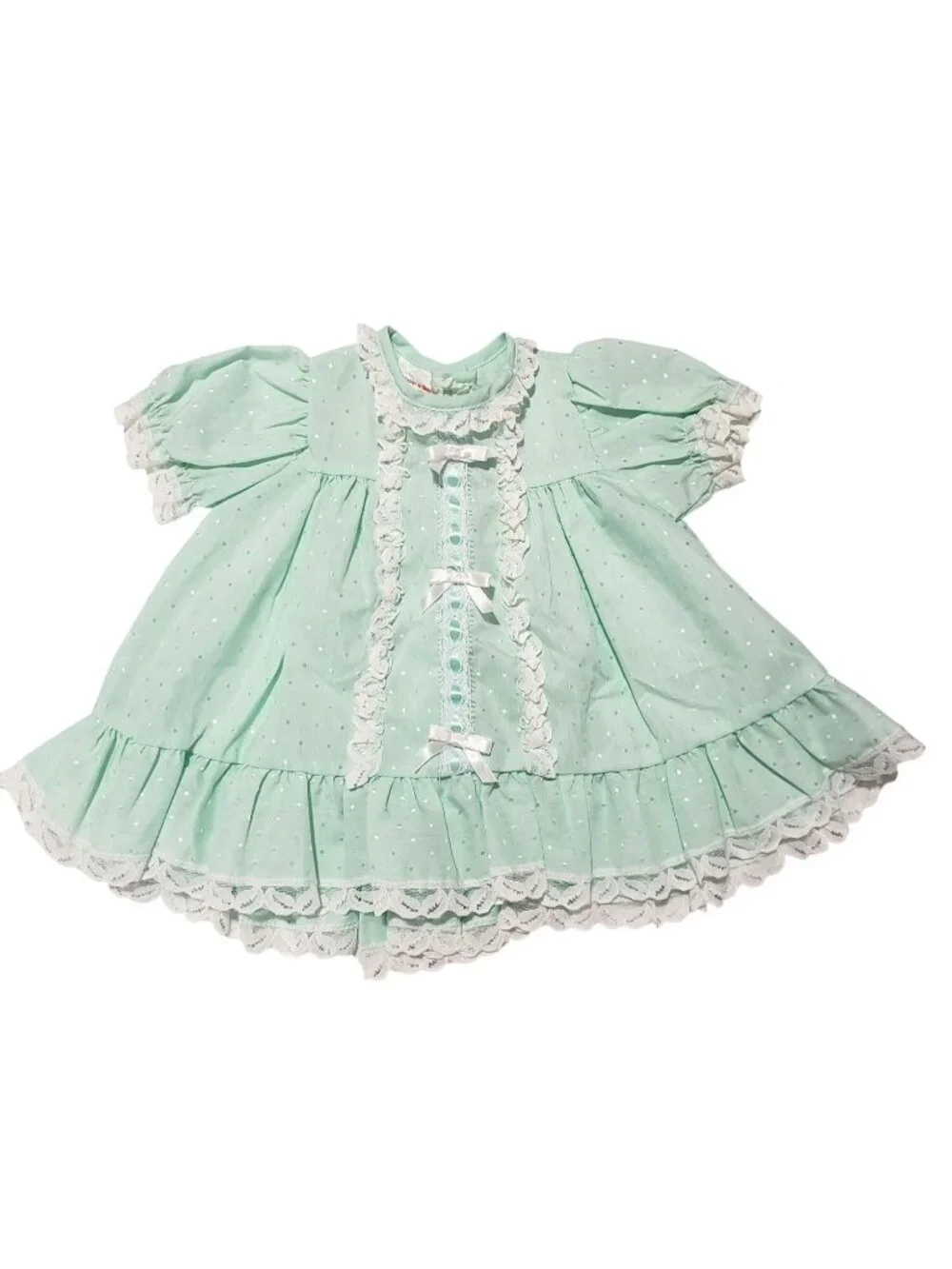 Vintage Mint Green White Lace Fancy Pageant Circle Baby Dress Frilly CottageCore